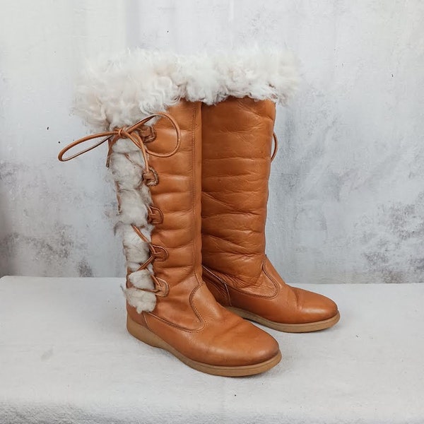 Vintage 1970s Bastien Husky Brown Leather And Shearling Winter Boots Women's Size 7