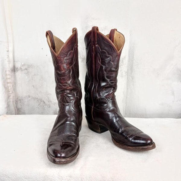 Vintage Brown Full Leather Tony Lama Cowboy Boots Rounded Toe Men's 9 1/2