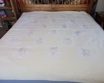 Vintage Cotton Hand Stitched Patchwork Embroidered Fruit Quilt