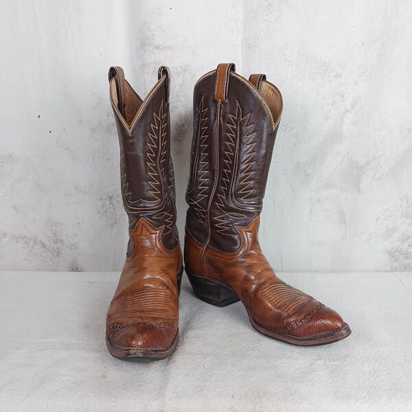 Vintage Black Label Tony Lama Lizard Tipped Cowboy Boots Men's Size 10