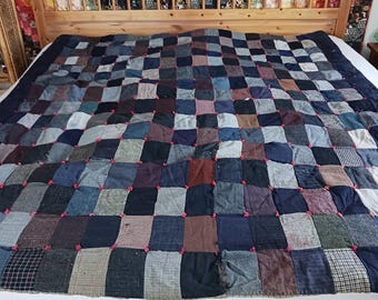 Antique Primitive Handsewn Wool Patchwork Quilt Rustic Farmhouse Heavy
