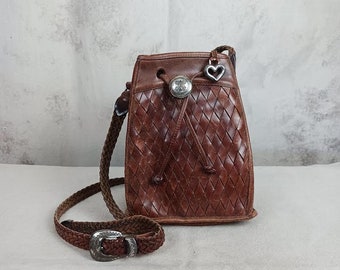 Vintage Brown Woven Leather Brighton Cross Body Bag Purse 1993