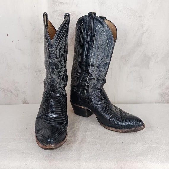 Vintage Dan Post Black Lizard Cowboy Boots Made i… - image 1