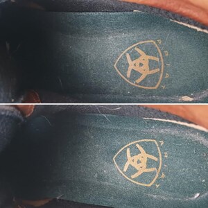 May include: Close-up of the inside of a shoe with a green insole and a gold Ariat logo.