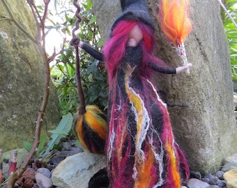 Blaze fire witch - felted witch, neddle felted and wet felted