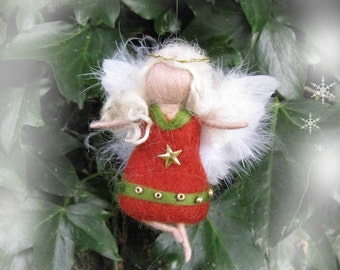 Aiguille laine feutrée ange en blanc, rouge, vert et or, poupée fée, laine d'inspiration Waldorf