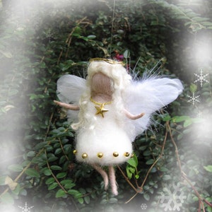 Needle Felted Wool  angel in white and gold ,  Waldorf inspired fairy doll, wool