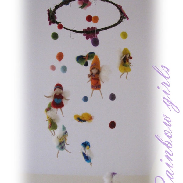 Rainbow Fairy Mobile, waldof inspired, needle felted wool