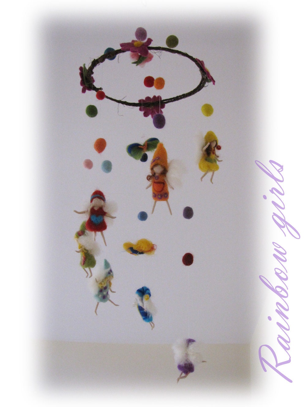 Rainbow Fairy Mobile, waldof inspired, needle felted wool