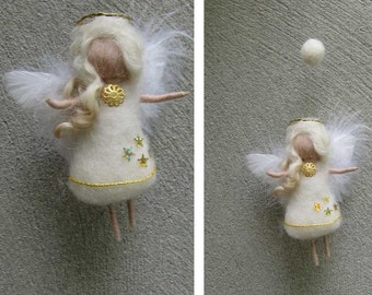 Needle Felted Wool  angel in white and gold ,  Waldorf inspired fairy doll, wool