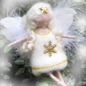 Needle Felted Wool  angel in white and gold ,  Waldorf inspired fairy doll, wool