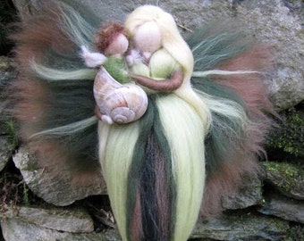 XYLIA- Needle Felted Wool  fairy with baby,nature fairy, Waldorf inspired fairy doll, wool