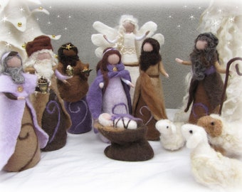Needle and wet felted Nativity Size S,M or L full Set