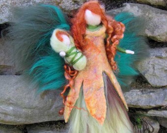 DEIRDR with baby - Needle Felted Wool  fairy, Irish nature fairy, Waldorf inspired fairy doll, wool
