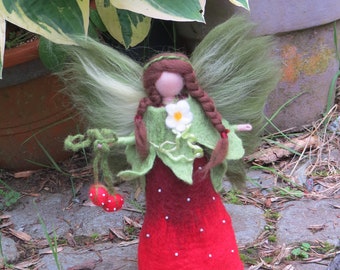 Strawberry Fairy, Waldorf inspried wool needle felted doll