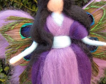 Needle Felted Wool fairy with peakhawk feathers, Waldorf inspired fairy doll