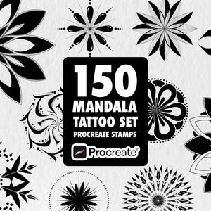 May include: A collection of black and white mandala designs. The image features various floral and geometric patterns, with a central black square displaying "150 MANDALA TATTOO SET PROCREATE STAMPS". The designs are suitable for digital art and tattoo creation.