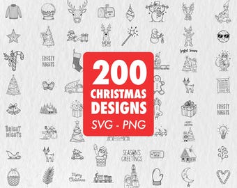 200 Christmas Doodle Designs SVG PNG Bundle, Holiday Clipart (Digital Download)