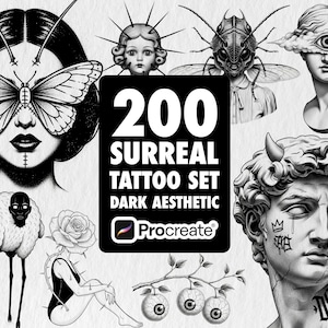 May include: A digital art set titled "200 Surreal Tattoo Set Dark Aesthetic" featuring black and white illustrations. The images include a woman with a butterfly mask, a sheep with a black face, and a statue with horns.
