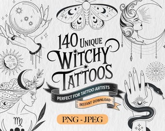 140 Witchy Tattoo Designs PNG & JPEG, Mystical Witchcraft Tattoo Flash Bundle, Celestial Occult Line Art Clipart Digital - Commercial Use