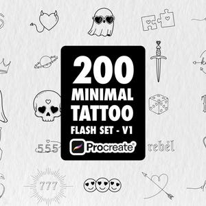Peut inclure: Une collection de 200 motifs de tatouages minimalistes à l'encre noire. Les motifs comprennent des cœurs, des fantômes, une couronne, un crâne, un signe de paix et le texte "200 MINIMAL TATTOO FLASH SET - V1" avec le logo Procreate.