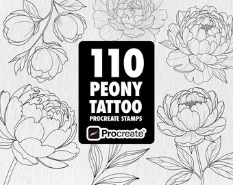 110 Peony Tattoo Stamps - Procreate Brush Set, Fine Line Floral Art (Digital Download)