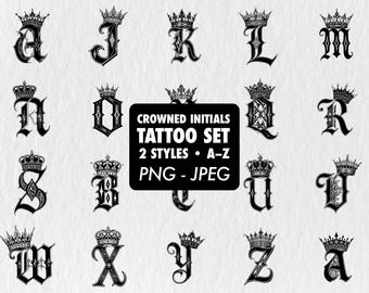 Crowned Gothic Letter Tattoo Alphabet • Vintage Initial Designs (PNG JPEG)