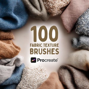 May include: A selection of folded fabric samples in shades of blue, grey, and beige, encircling the text "100 Fabric Texture Brushes" and the Procreate logo. The image showcases a variety of textures.