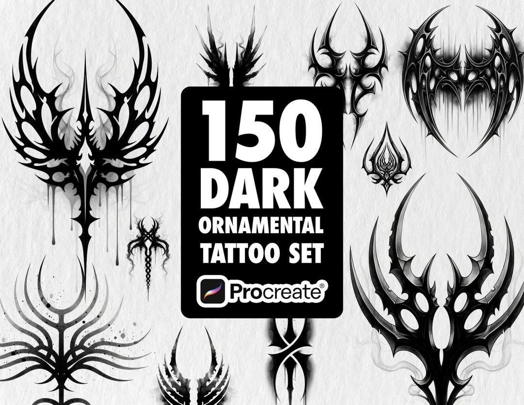 150 Tribal Blackwork Tattoo Procreate Stamps | Dark Ornamental & Gothic ...