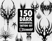 150 Tribal Blackwork Tattoo Procreate Stamps | Dark Ornamental & Gothic Neo-Tribal Brush Set - Digital Download