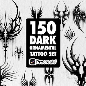 Può includere: Una collezione di 150 disegni di tatuaggi ornamentali scuri in nero, presentati su sfondo bianco. I disegni presentano forme e motivi astratti intricati. Un rettangolo nero mostra il testo "150 DARK ORNAMENTAL TATTOO SET" e il logo Procreate.