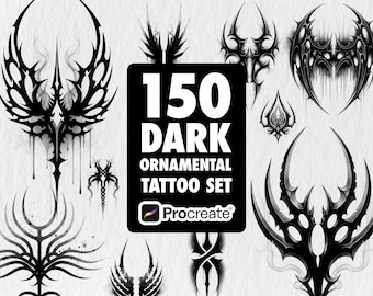 150 Tribal Blackwork Tattoo Procreate Stamps | Dark Ornamental & Gothic Neo-Tribal Brush Set - Digital Download