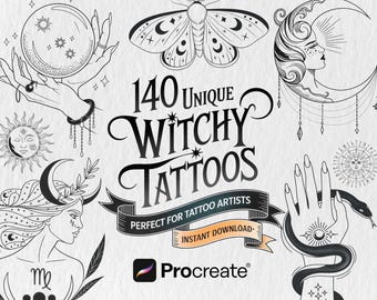 Witchy Tattoo Designs - 140 Procreate Stamps, Occult Celestial Fineline Brushes