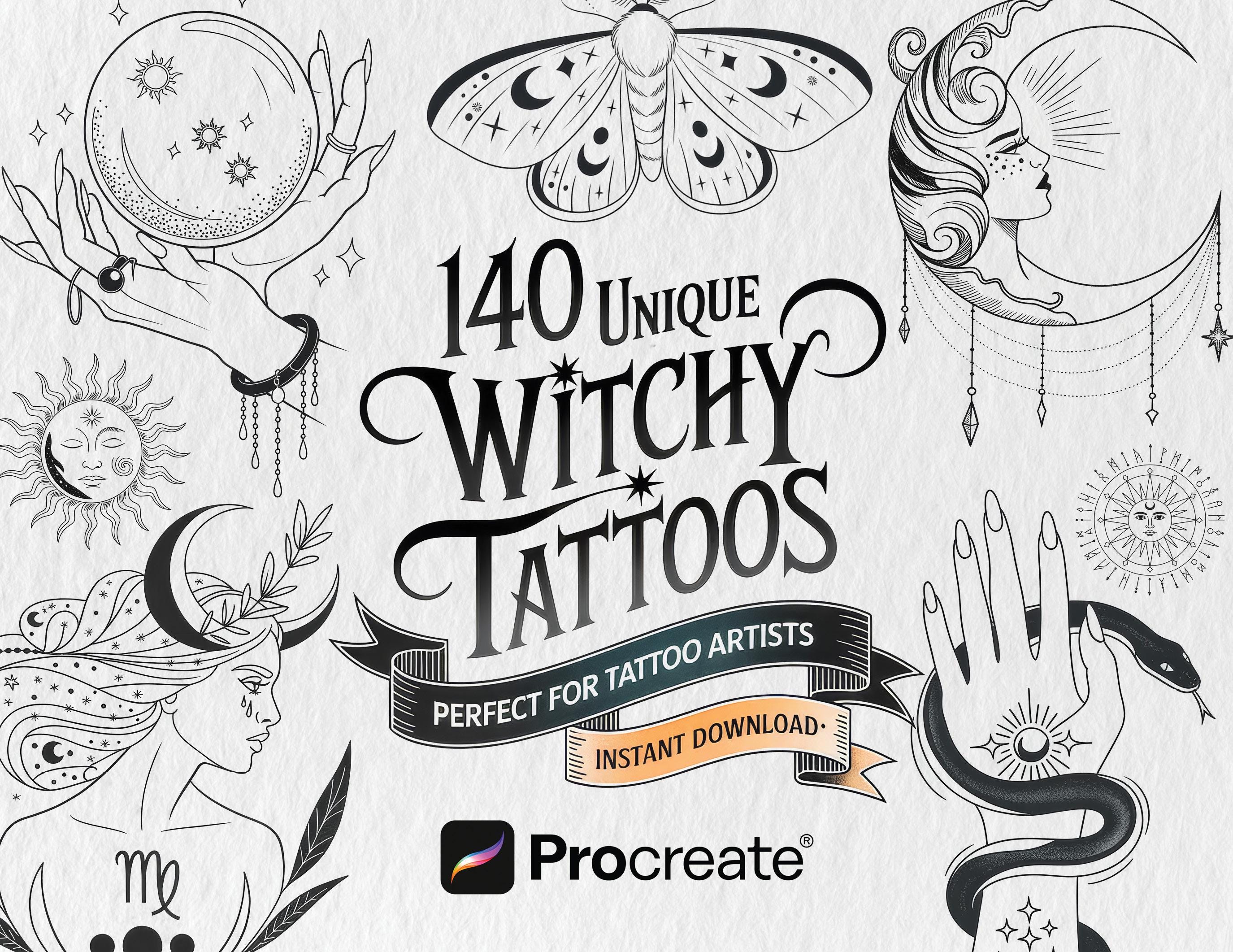 Witchy Tattoo Designs - 140 Procreate Stamps, Occult Celestial Fineline ...