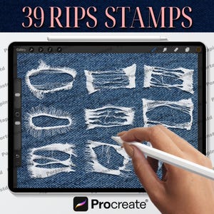 May include: A digital art illustration of a tablet screen displaying various ripped denim textures. The screen shows a collection of white, frayed rip stamps against a blue denim background. The text "39 RIPS STAMPS" is displayed at the top.