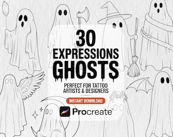30 Sheet Ghost Tattoo Procreate Stamps | Minimalist Halloween Tattoos