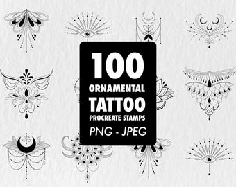 100 Tattoo Designs, Celestial Moon Lotus Line Art Bundle (Digital Download)