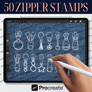 May include: A digital art image displays 50 zipper stamps in white on a denim background. The text "50 ZIPPER STAMPS" is at the top. A hand uses a stylus on a tablet with the Procreate logo.