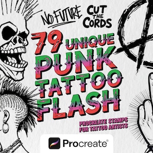 Może przedstawiać: Cyfrowa grafika przedstawiająca projekty tatuaży w stylu punk. Obraz zawiera czaszkę, osobę z irokezem, symbol anarchii i dłoń pokazującą środkowy palec. Tekst brzmi "79 Unique Punk Tattoo Flash" i "Procreate Stamps for Tattoo Artists."