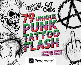 Punk Tattoo Flash Stamps – 79 Anarchist Designs, Procreate Brush Set