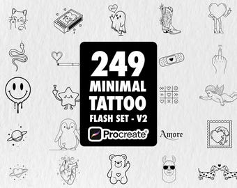 249 Kawaii Tattoo Procreate Stamps, Minimal Line Art (Digital Download)