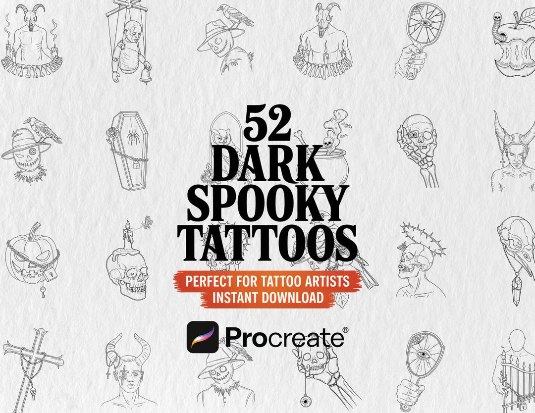 52 Dark Spooky Procreate Tattoo Stamps - Halloween, Goth Witch (instant ...
