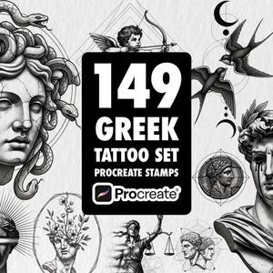 以下が含まれることがあります： 149のギリシャのタトゥーデザインを特徴とするデジタルアートセット。白黒のイラストには、メデューサ、彫像、天使、ツバメ、その他の古典的な要素が含まれています。このセットはProcreateスタンプ用に設計されています。