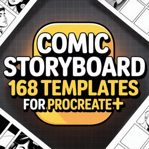 Könnte beinhalten: Ein Grafikdesign mit den Worten "COMIC STORYBOARD" in Weiß und "168 TEMPLATES FOR PROCREATE+" in Gelb und Weiß. Das Design befindet sich vor einem dunkelgrauen Hintergrund mit einem Rastermuster, und Comic-Panels befinden sich in den Ecken.