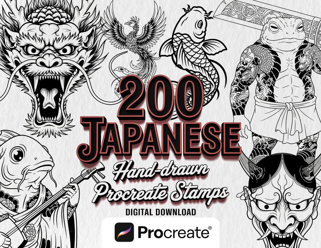 200 Japanese Tattoo Procreate Stamps, Irezumi Art Brush Pack (digital ...