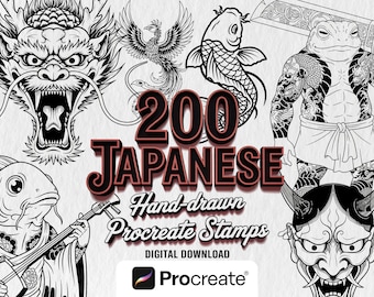 200 Japanese Tattoo Procreate Stamps, Irezumi Art Brush Pack (Digital Download)