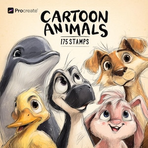 May include: Digital artwork showcasing a dolphin, duck, penguin, dog, and bunny. The image is labelled "CARTOON ANIMALS" with "175 STAMPS" below. The Procreate logo is in the upper left. The animals are illustrated in a cartoon style with soft shading.