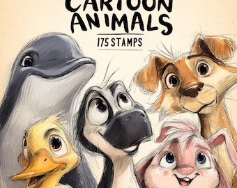 Sellos de animales de dibujos animados de Procreate: set de 175 pinceles (descarga digital)