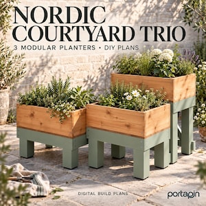 May include: Three modular wooden planters with light green legs and natural wood boxes, filled with various green plants and white flowers. The text reads NORDIC COURTYARD TRIO 3 MODULAR PLANTERS DIY PLANS and DIGITAL BUILD PLANS.
