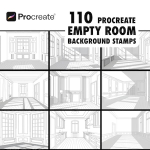May include: A digital product advertisement for Procreate. The image displays a grid of nine empty room background stamps. The text reads "110 Procreate Empty Room Background Stamps". The Procreate logo is in the upper left corner.